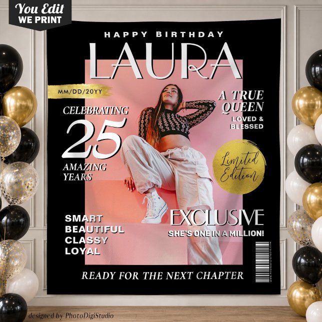 Tenture Couverture de magazine personnalisée pour annivers (Birthday Custom Magazine Cover Backdrop Fashion)