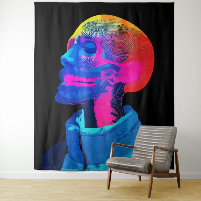 Tenture Crâne Cyber – Art Anatomique Futuriste (En situation)