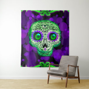 Tenture Crâne de sucre lumineux vert et violet Halloween
