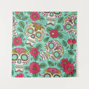 Tenture Crâne et fleurs mexicaines, sans soudure.