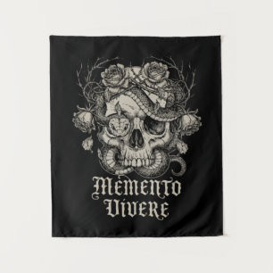 Tenture Crâne gothique Memento Vivre avec serpent et roses