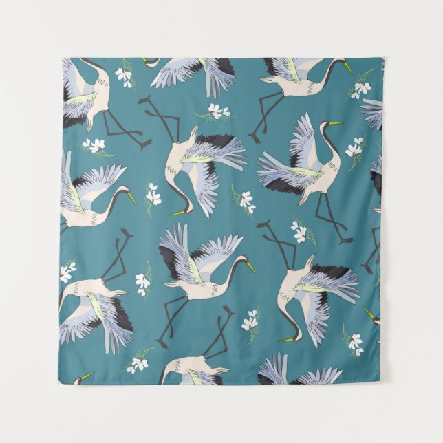 Tenture crane, pattern, illustration flying bird flower (Devant)