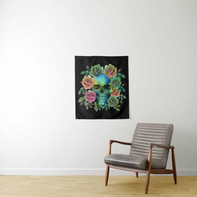 TENTURE CRÂNE VERT DE LA MORT AVEC FLEURS (En situation)