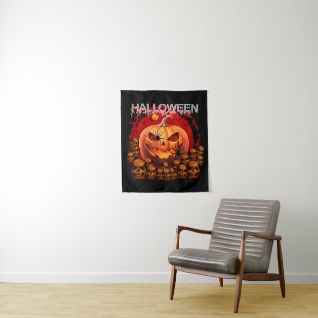 TENTURE CRÂNES CITROUILLES SQUELETTE HALLOWEEN  (En situation)