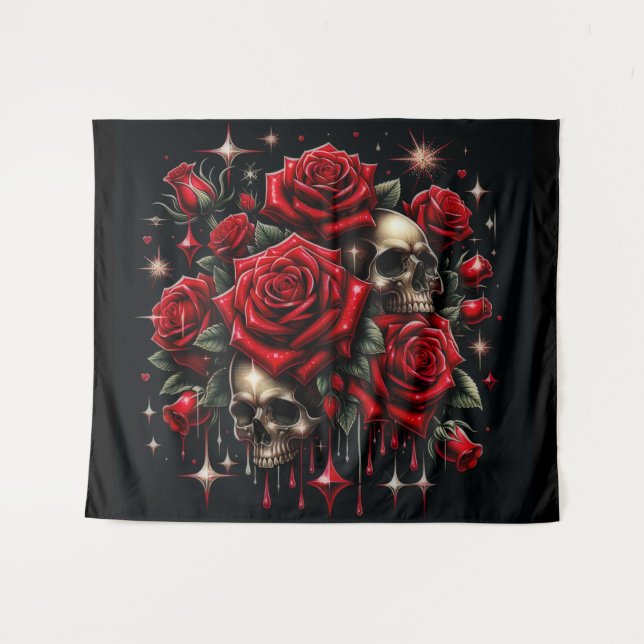 Tenture Crânes dorés et roses rouges scintillent de glamou (Devant (Horizontal))