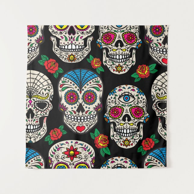 Tenture Crânes et Roses mexicains : Conception Vintage (Devant)