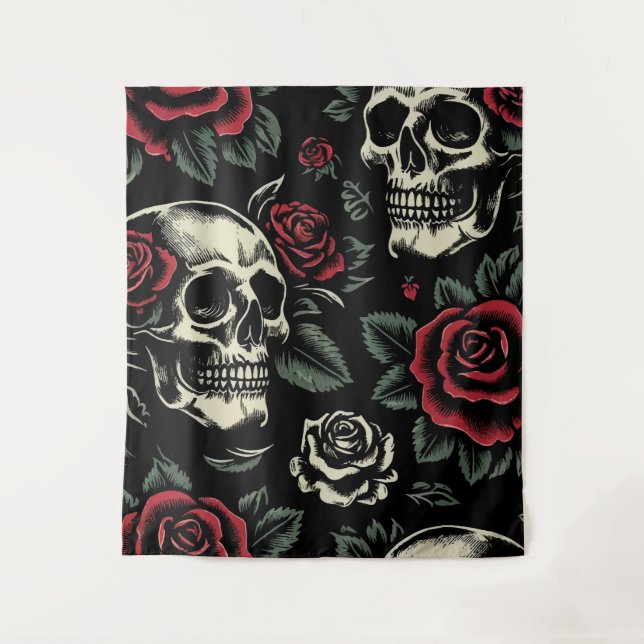 Tenture Crânes et roses rouges florale gothique  (Devant)