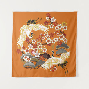 Tenture CRANES ET SAKURA DE COULEUR. Coloré floral transpa