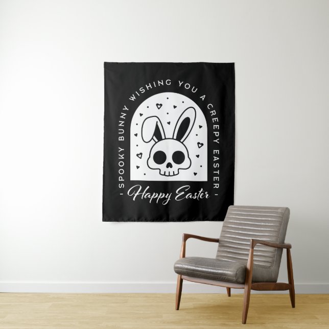 Tenture Creepy Happy Easter bunny skull gothic aesthetic (En situation)