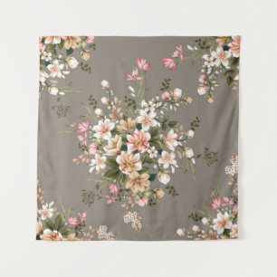 Tenture Crème, fleurs roses sur gris.