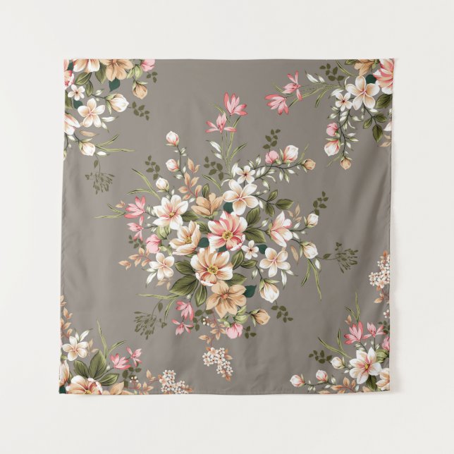 Tenture Crème, fleurs roses sur gris. (Devant)