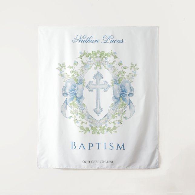 Tenture Croix de baptême à crête de verdure Petit garçon  (Devant)