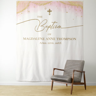 Tenture Croix d'or rose fille Baptême