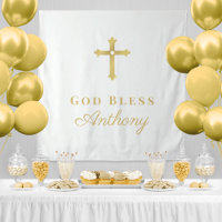 Croix dorée Dieu bénisse Fond de fête de baptême