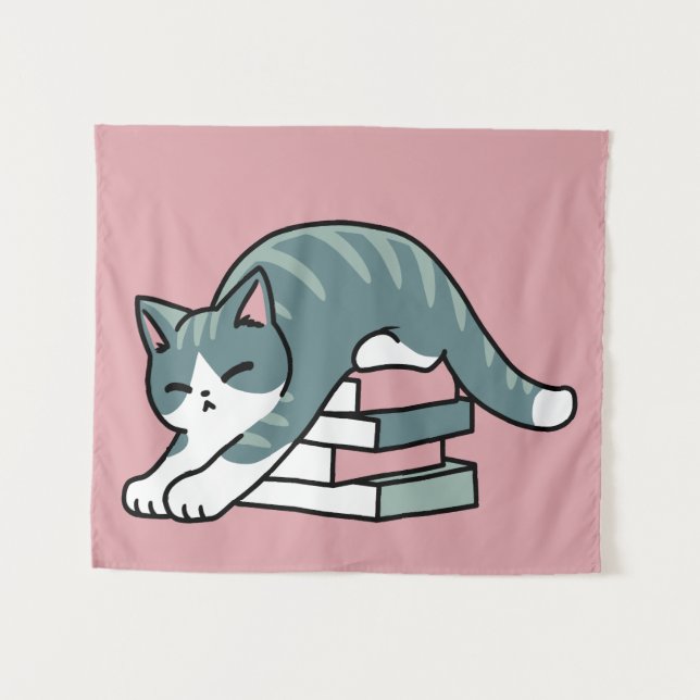 Tenture Curieux avec un livre et un chat - Lecture confort (Devant (Horizontal))