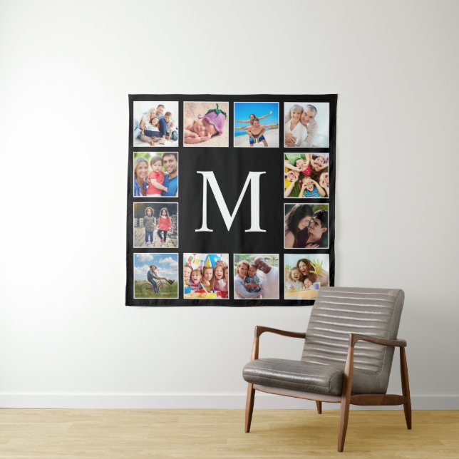 Tenture Custom Family Photo Collage Personalized Black (En situation)