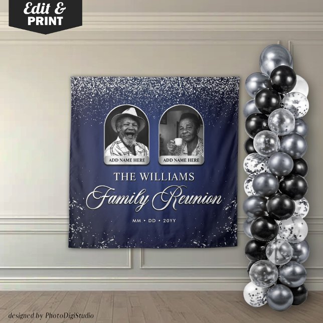 Tenture Custom Family Reunion Banner, 2 Photo Blue Silver  (Custom Family Reunion Banner, 2 Photo Blue Silver Tapestry)