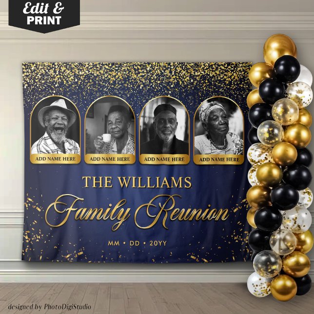 Tenture Custom Family Reunion Banner, 7 Photo Blue Gold (Custom Family Reunion Banner, 4 Photo Navy Blue Gold Tapestry)