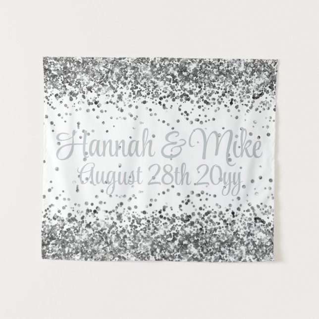 Tenture Custom White & Silver Glitter Wedding Photo Booth (Devant (Horizontal))