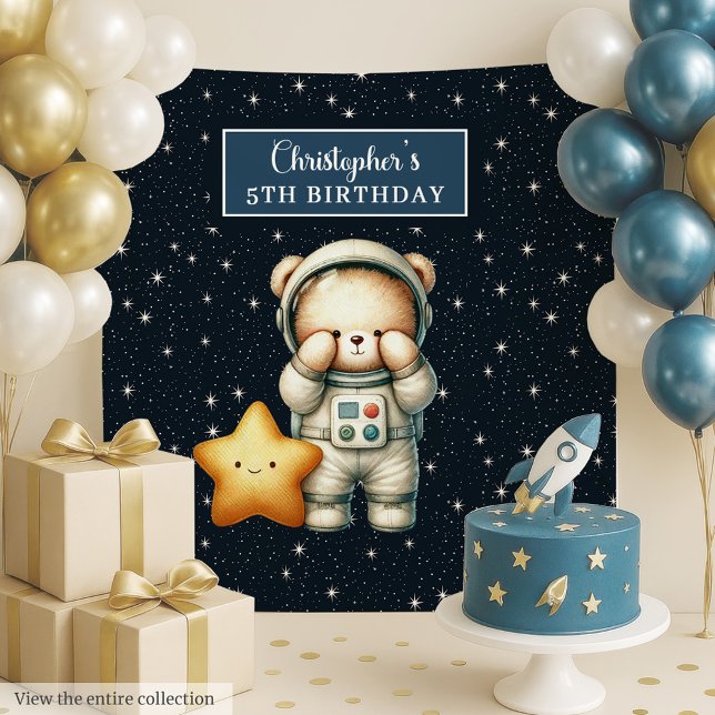Tenture Cute Astronaut Teddy Bear Anniversaire Garçons (Cute Astronaut Teddy Bear Birthday Backdrop Boys)