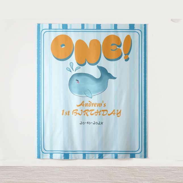 Tenture Cute Baby Blue Whale 1st Birthday Backdrop (Devant)