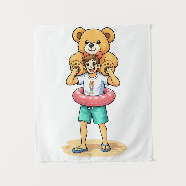 Tenture Cute Cartoon Man with Giant Teddy Bear Summer Fun (Devant)