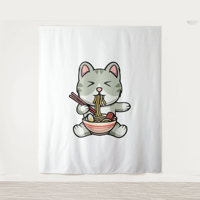 Tenture Cute chat mangeant des nouilles soba dessin icône  (Devant)