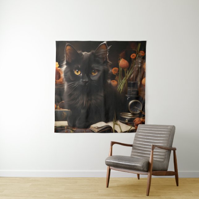Tenture Cute Chat noir et Fleurs (En situation)