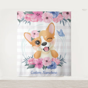Tenture Cute Corgi Fleur de Chien Wreath Bleu Papillon Per