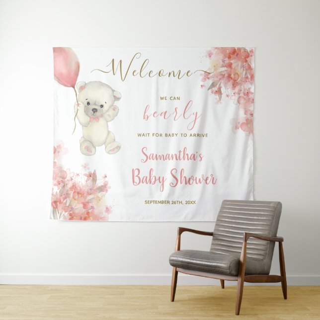 Tenture Cute Girl Teddy Bear Baby shower rose Affiche de b (En situation (horizontale))