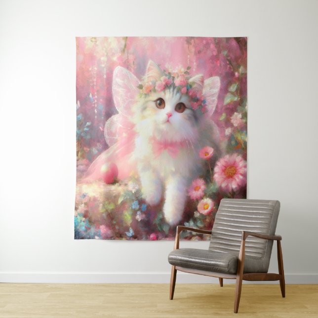 Tenture Cute Kitty en peinture Rose et Fleurs (En situation)