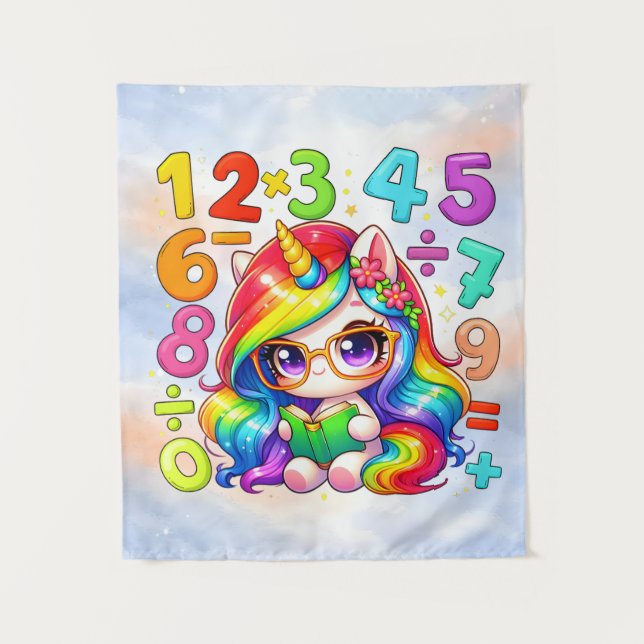 Tenture Cute Maths Unicorn Numbers Poster for Kids (Devant)
