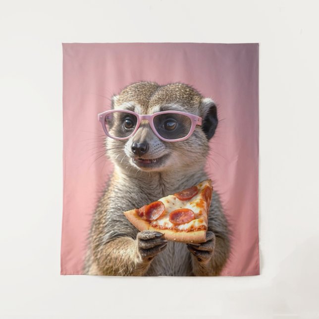 Tenture Cute Meerkat avec lunettes et pizza (Devant)