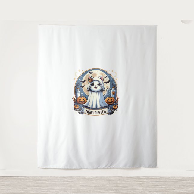 Tenture Cute Meow-lolween Chat en costume fantôme Hallowee (Devant)