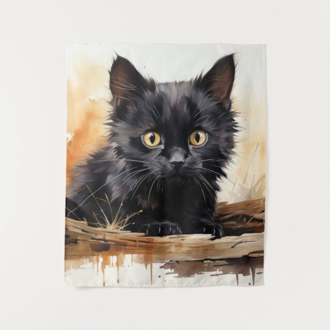 Tenture Cute noir Chat aquarelle Art (Devant)