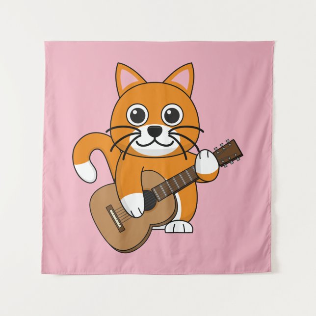 Tenture Cute Orange Chat Blanc Jouer Caricature Guitare (Devant)