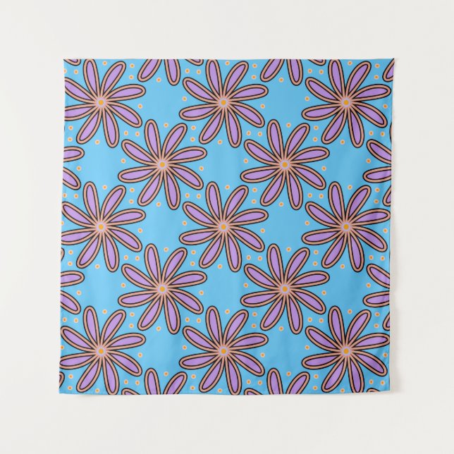 Tenture Cute Purple Daisies On Blue (Devant)