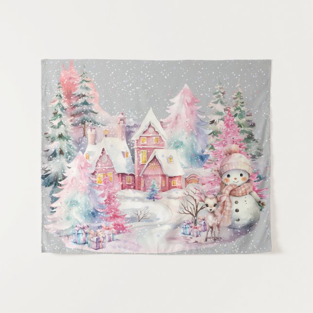 Tenture Cute rose Snowman hiver Wonderland (Devant (Horizontal))