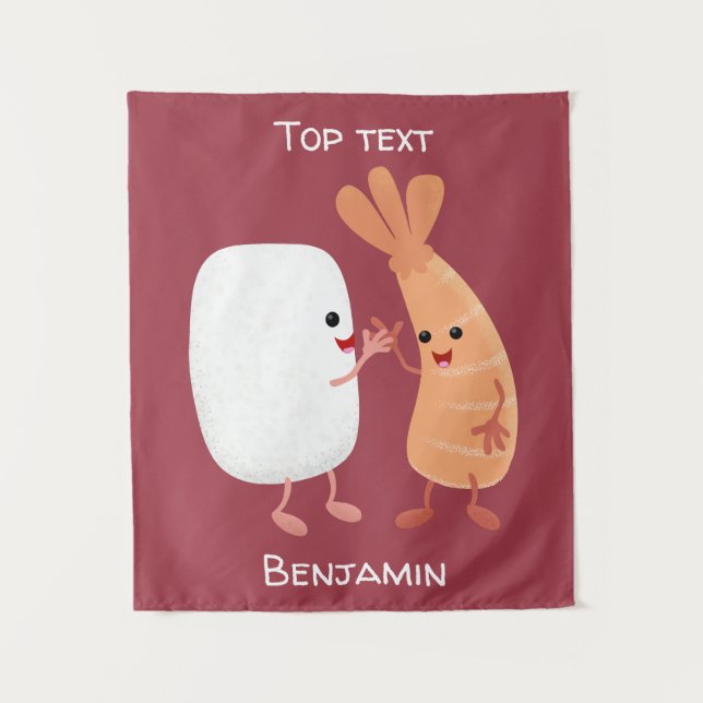 Tenture Cute sushi riz crevettes amis dessin animé (Devant)