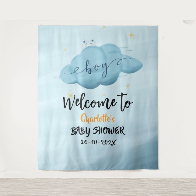 Tenture Cute Watercolor Cloud Baby Boy Shower Backdrop (Devant)