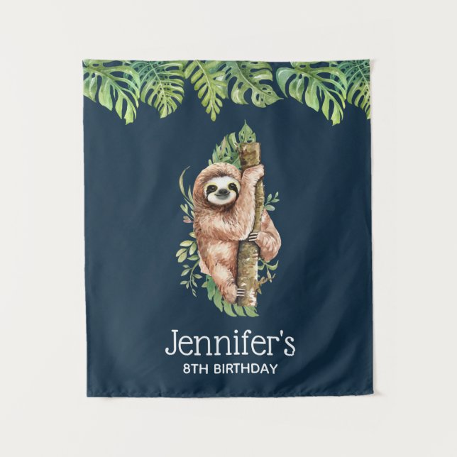 Tenture Cute Watercolor Sloth & Tropical Leaves Anniversai (Devant)