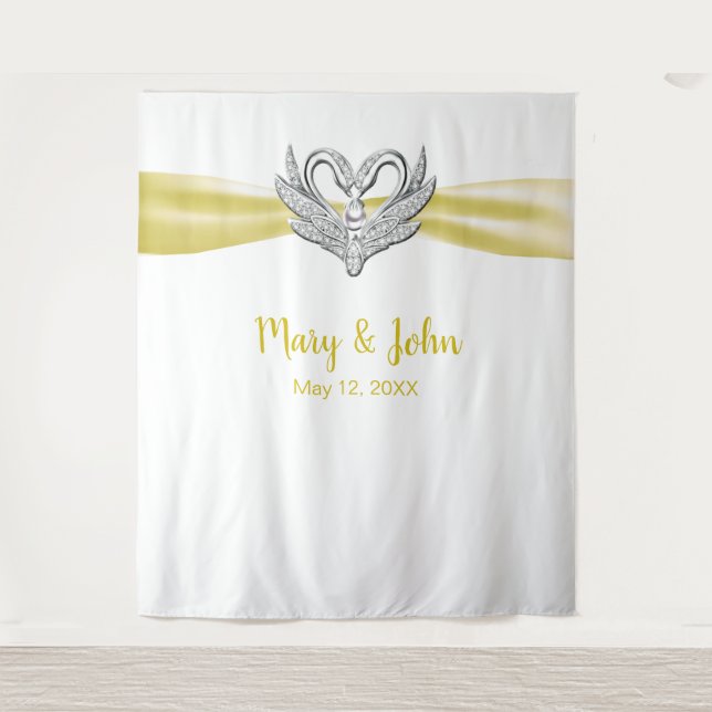 Tenture Cygnes argentés au ruban jaune Décor de fond de ma (Devant)