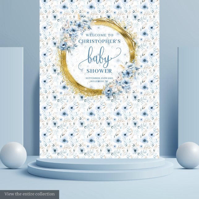Tenture Dainty bleu poussiéreux fleurs or baby shower bann (Dainty dusty blue flowers gold baby shower banner tapestry)