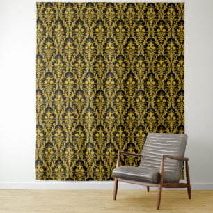 Tenture Damassé doré sur fond floral noir chic et élégant