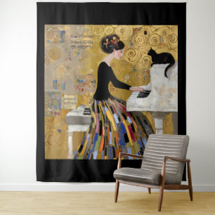 Tenture Dame au piano Gold Klimt avec chat noir