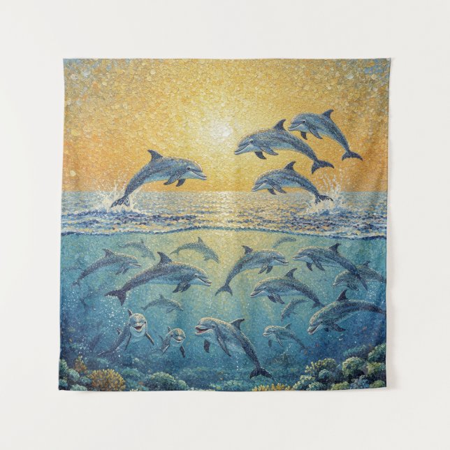 Tenture Dauphins heureux au coucher du soleil (Devant)
