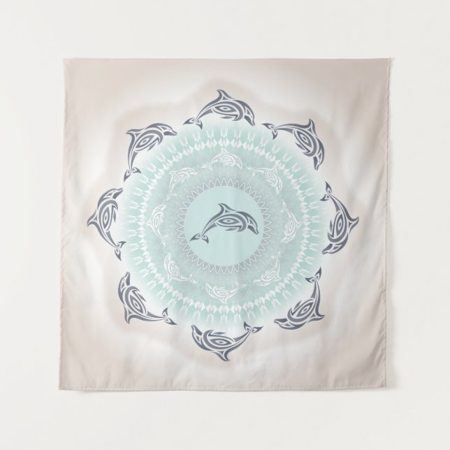 Tenture Dauphins Mandala Bleu Taupe Côtiers (Devant)