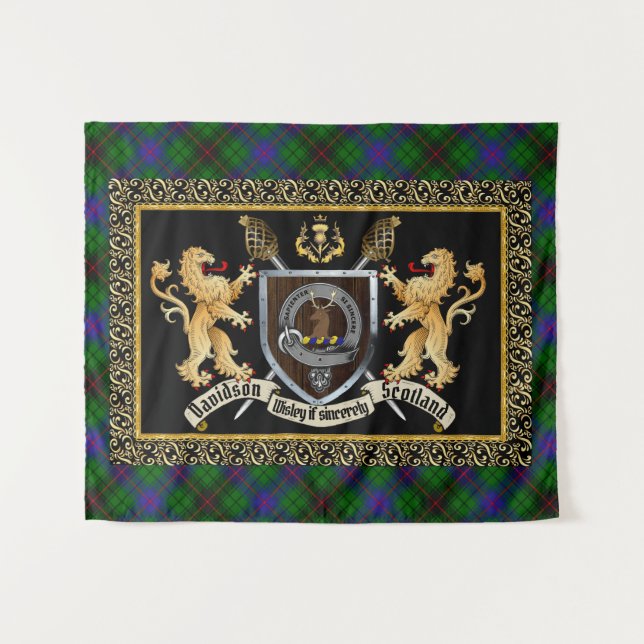 Tenture Davidson Clan Badge & Motto avec Lions (Devant (Horizontal))