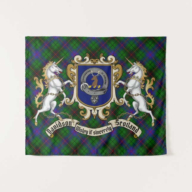 Tenture Davidson Clan Badge & Unicorns avec Tartan (Devant (Horizontal))
