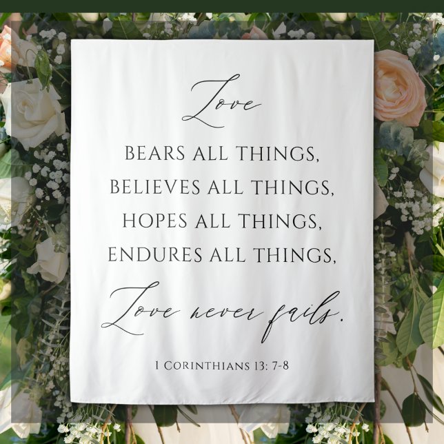 Tenture de fond de mariage « L'amour ne manque jam (Love Never Fails Wedding Backdrop Tapestry)